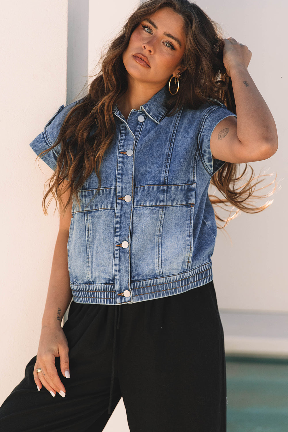Threaded Pear Nora Blue Acid Wash Elastic Hem Button Up Denim Vest
