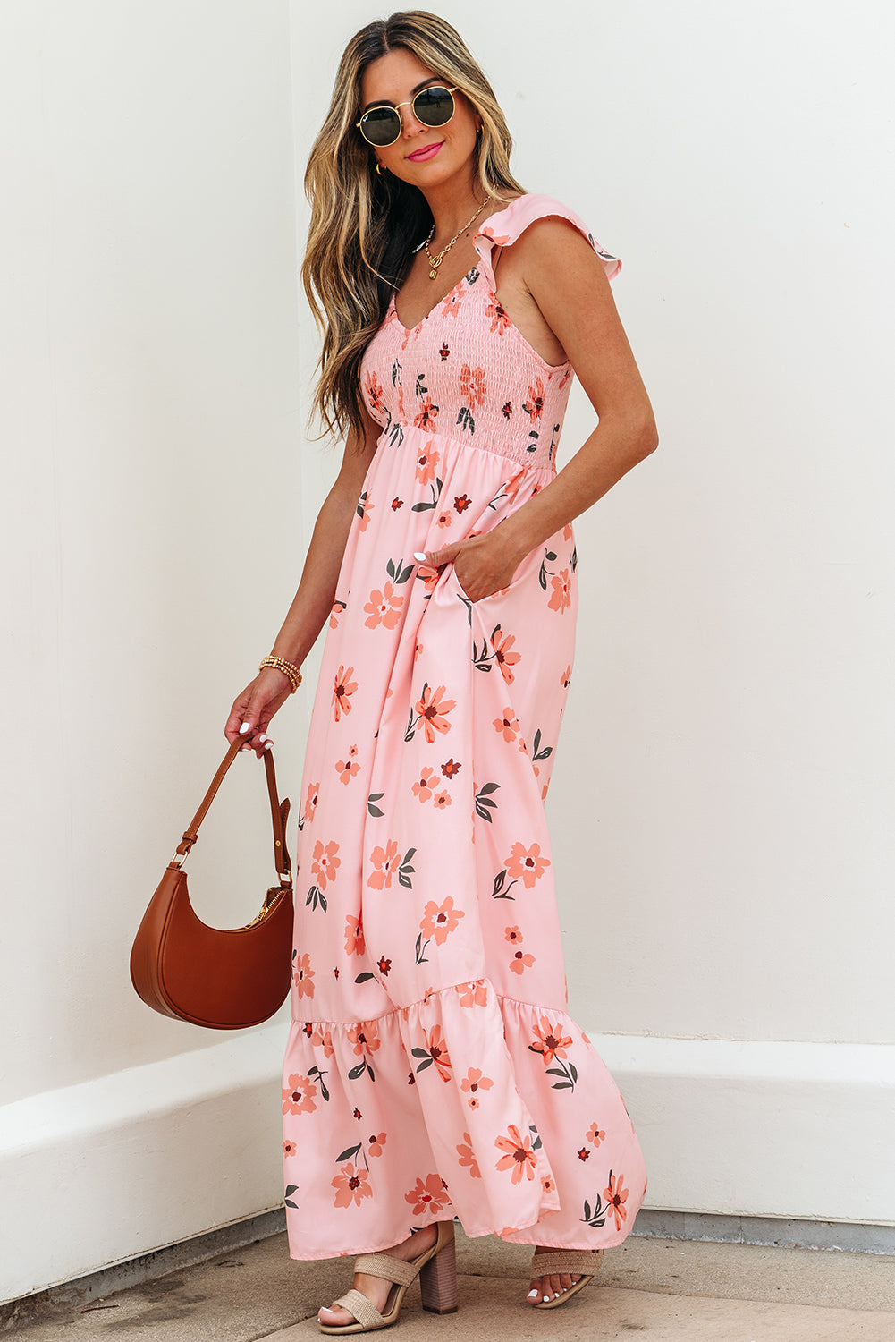 Threaded Pear Clare Floral High Waist Ruffle Hem Long Dress