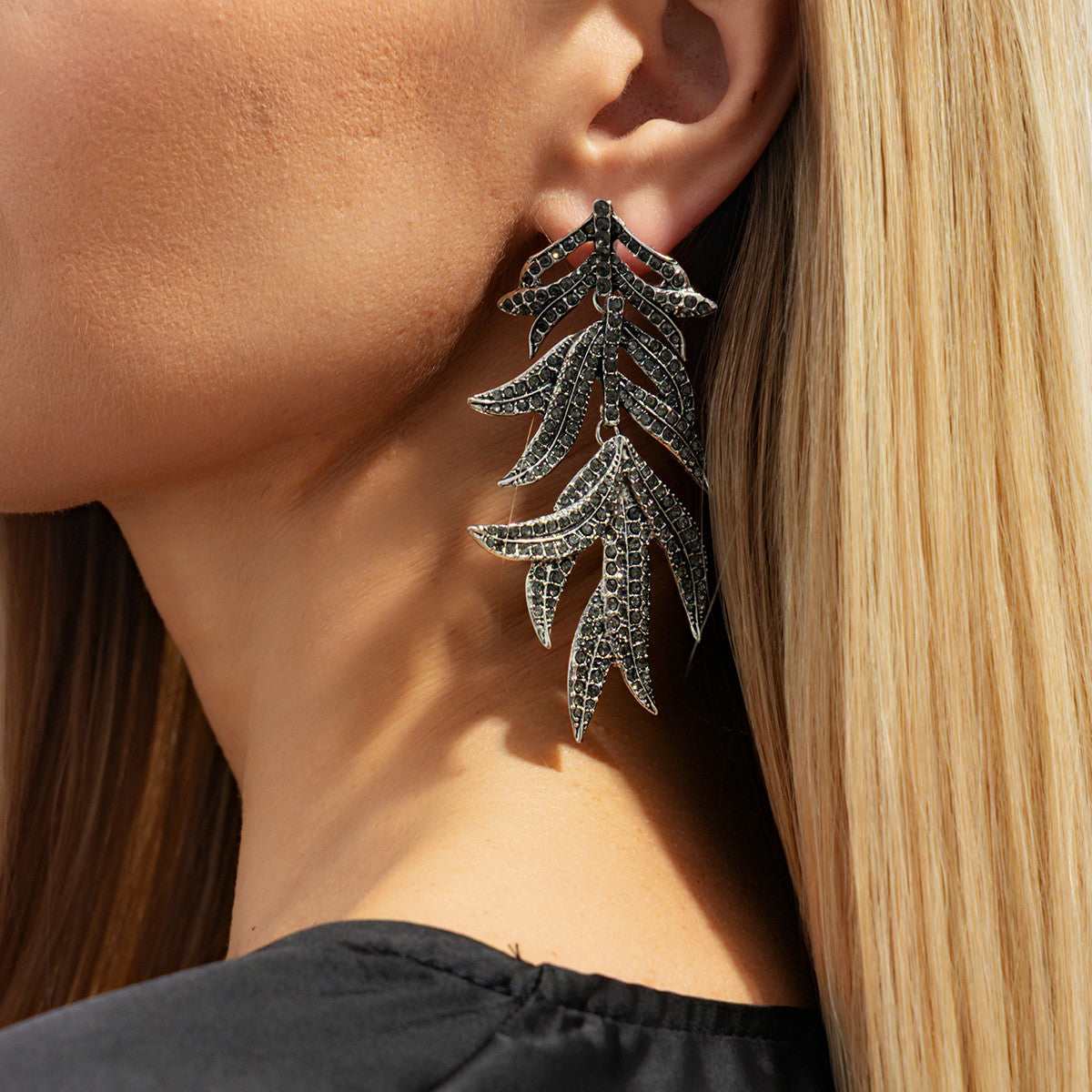 Black Cubic Zirconia & Silvertone Branch Dangle Earrings