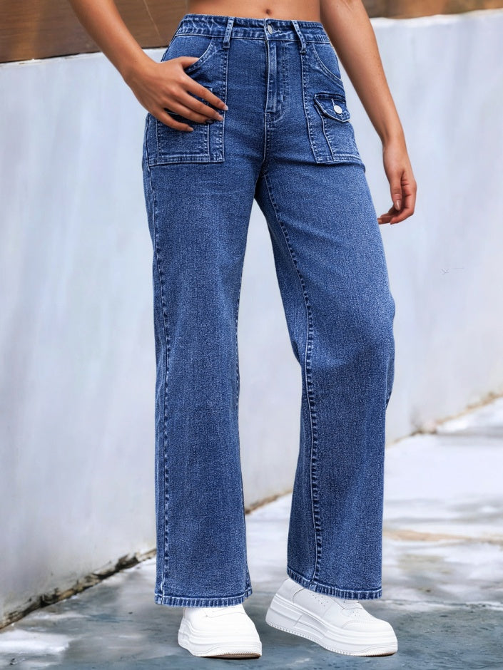 Women’s High-Waisted Wide-Leg Utility Jeans | Trendy Medium Blue Cargo Denim Pants | Streetwear Wide-Leg Trousers with Multi-Pockets | High-Sense Utility Style Denim | 2026 Urban Fashion Cargo Jeans