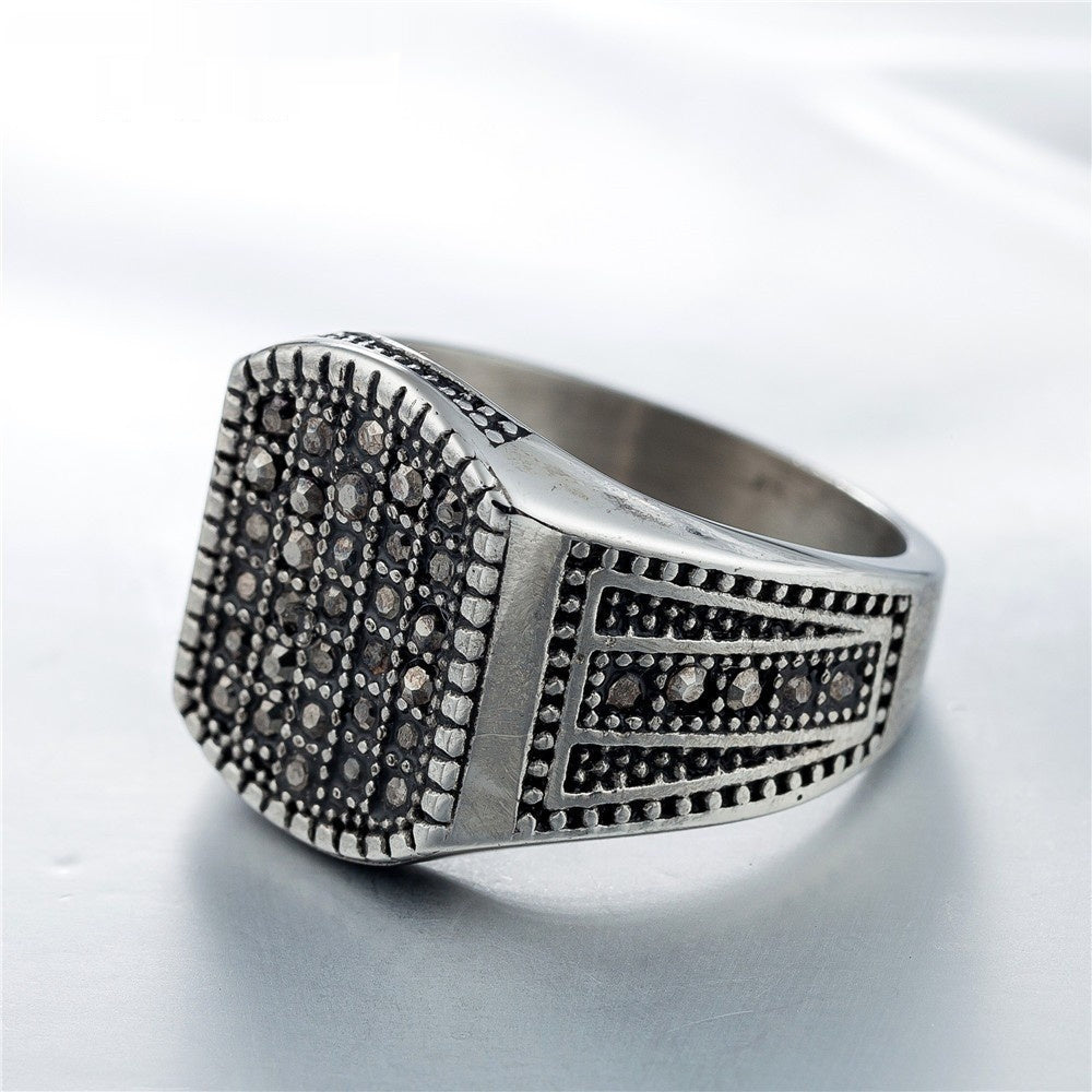 Men’s Vintage Titanium Diamond-Studded Ring | European & American Style Band | Luxury Rugged Wedding & Statement Ring | High-Durability Titanium Steel Jewelry