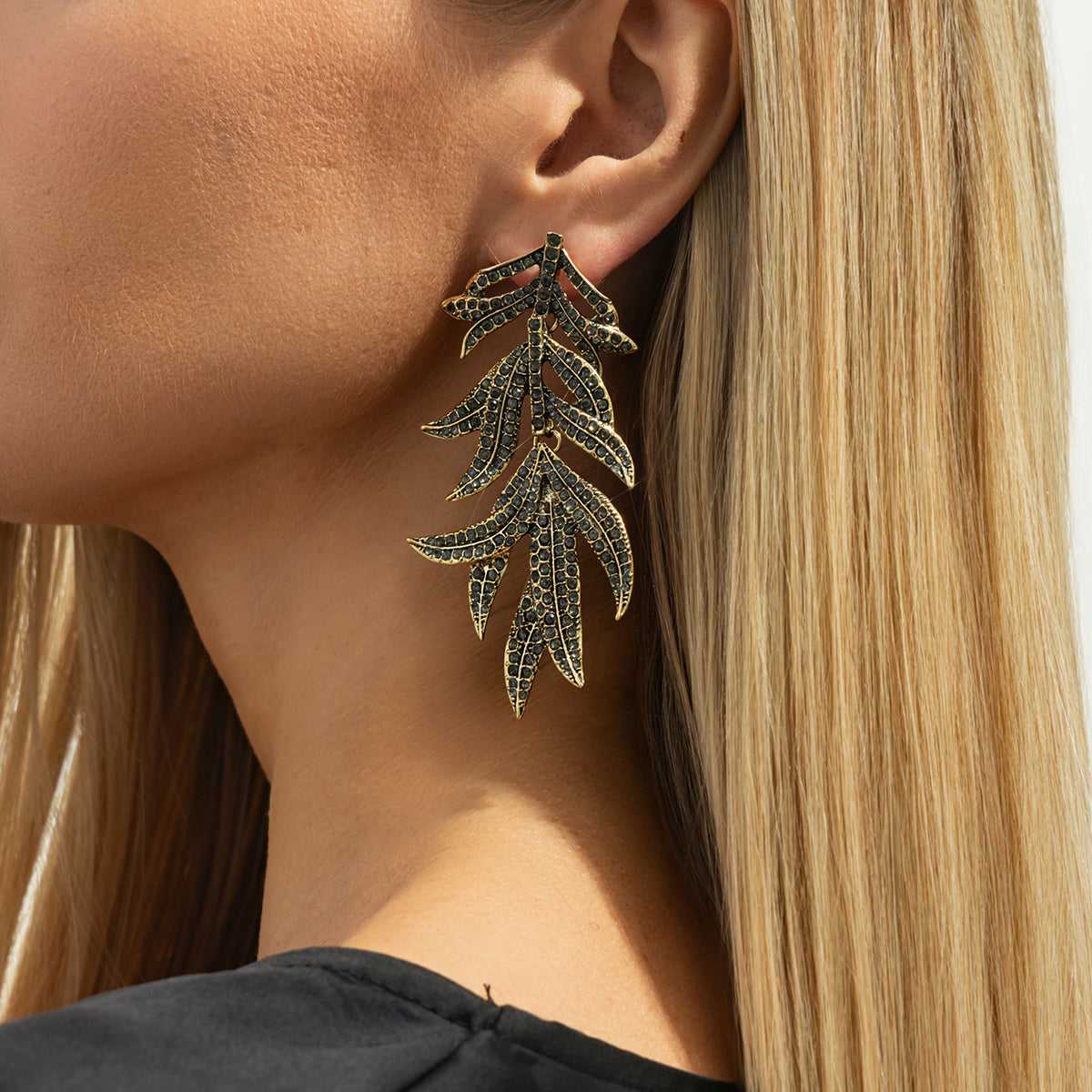 Black Cubic Zirconia & Goldtone Branch Dangle Earrings