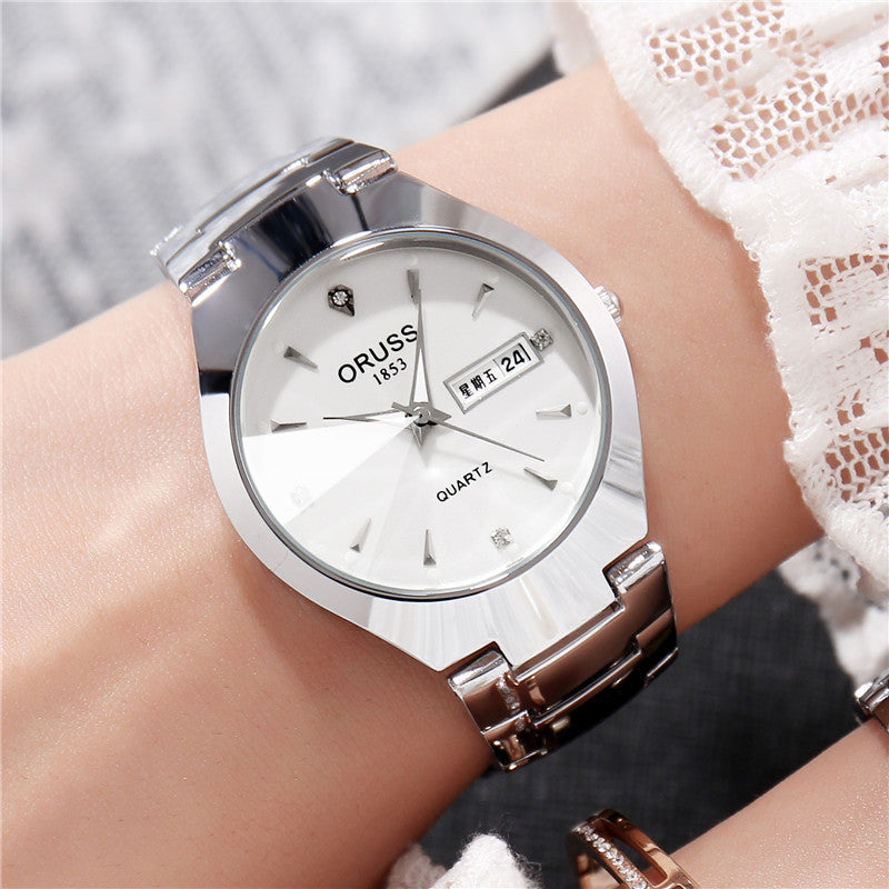 Tungsten Steel Color Waterproof Quartz Watch | Elegant Couple’s Calendar Wristwatch | Fashionable Student Daily Wear Watch | Trendy Minimalist Steel Watch for Men & Women | 2026 High-Fashion Precision Timepiece