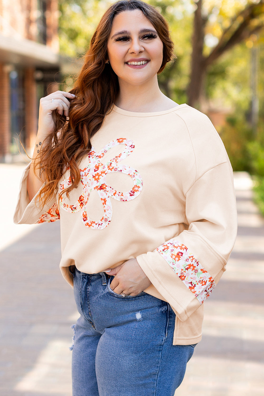 Threaded Pear Harmony Plus Size Flower Patched Top