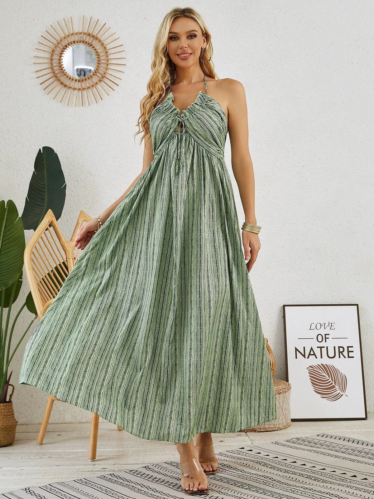 Bohemian Halter Maxi Dress - Women's Summer Sleeveless Flowy Beach Dress