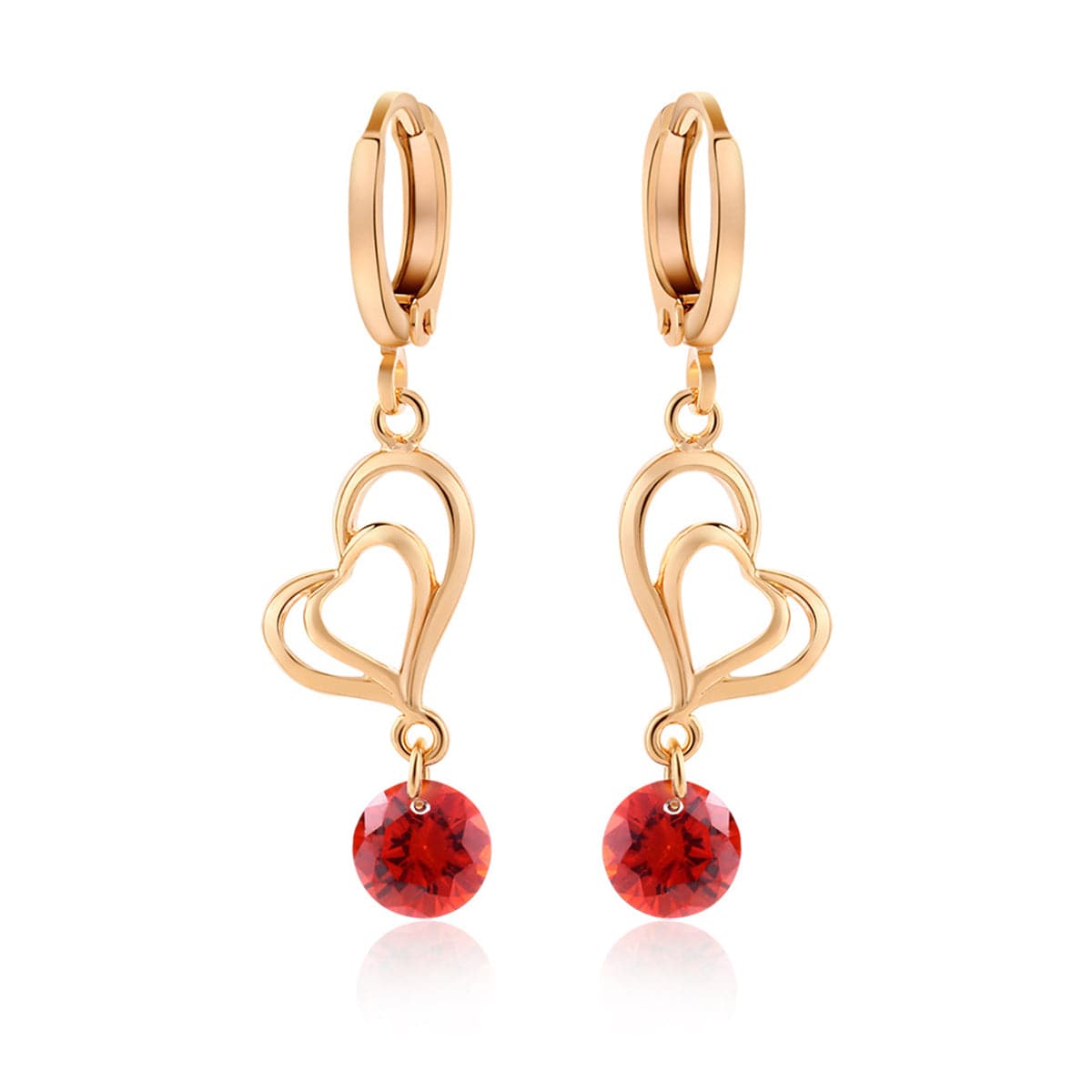 Red Cubic Zirconia & Goldtone Open Heart Drop Earrings