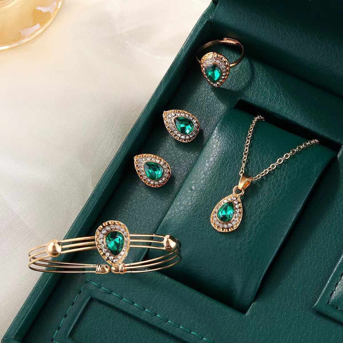 Luxury Water-Drop Gemstone 4-Piece Jewelry Set | Elegant Teardrop Necklace, Earrings, Bracelet & Ring Suite | Royal Blue/Clear Crystal Wedding Jewelry Set | Women's Formal Banquet Accessories