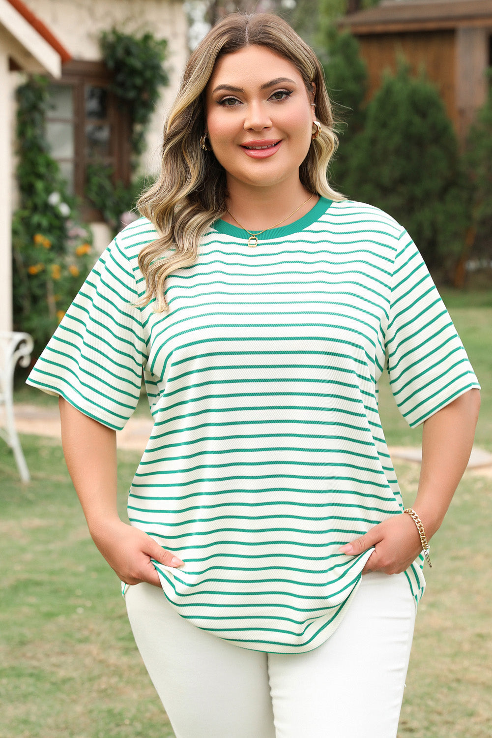 Threaded Pear Collins Plus Size Stripe Top