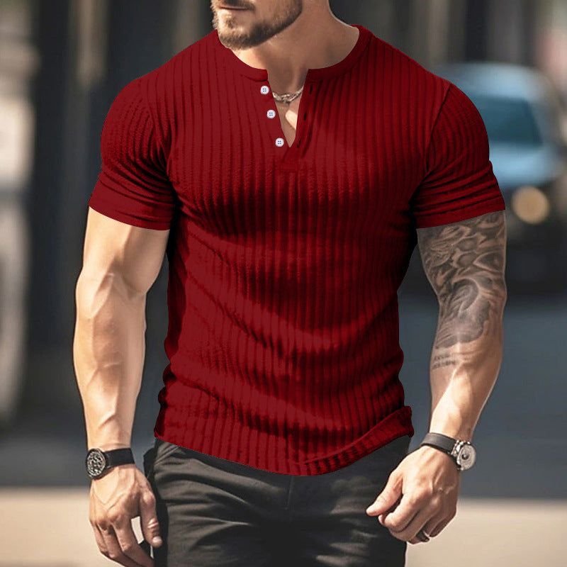 Men's Casual Short Sleeve T-shirt Summer Sunken Stripe V-neck Slim Fit Henley Shirts Basic Tops