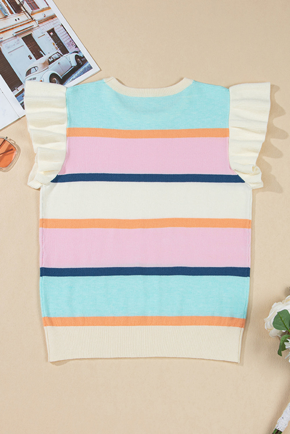 Threaded Pear Yasmin Striped Flutter Sleeve Patchwork Top