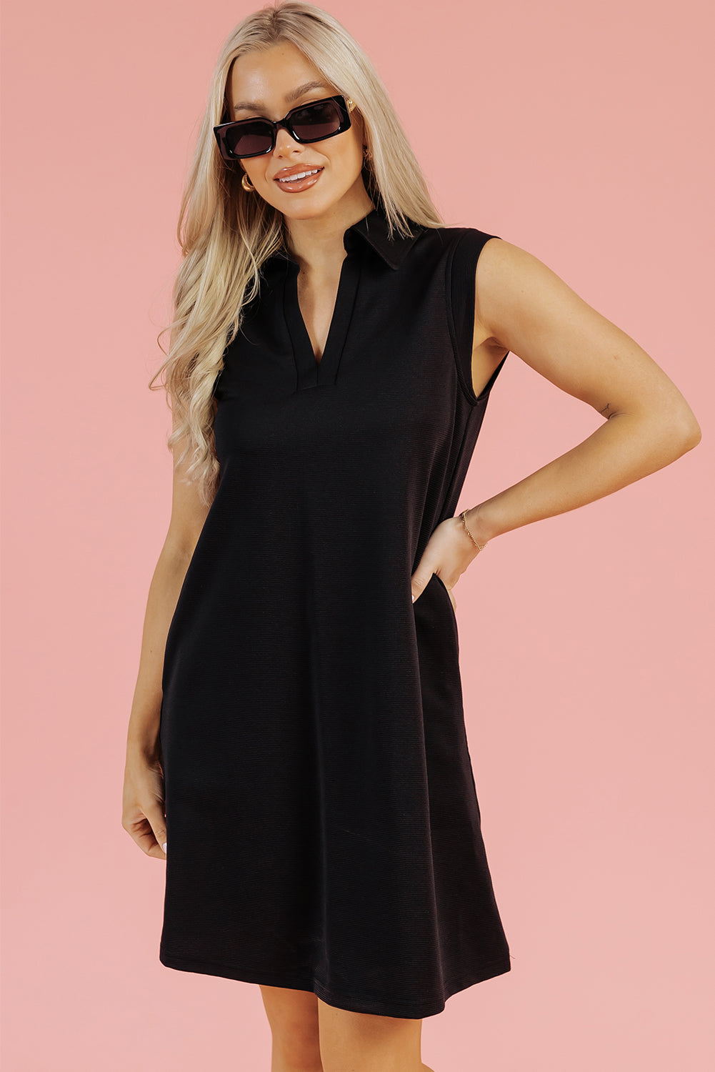 Threaded Pear Kyla Collared Slit Neck Sleeveless Mini Dress