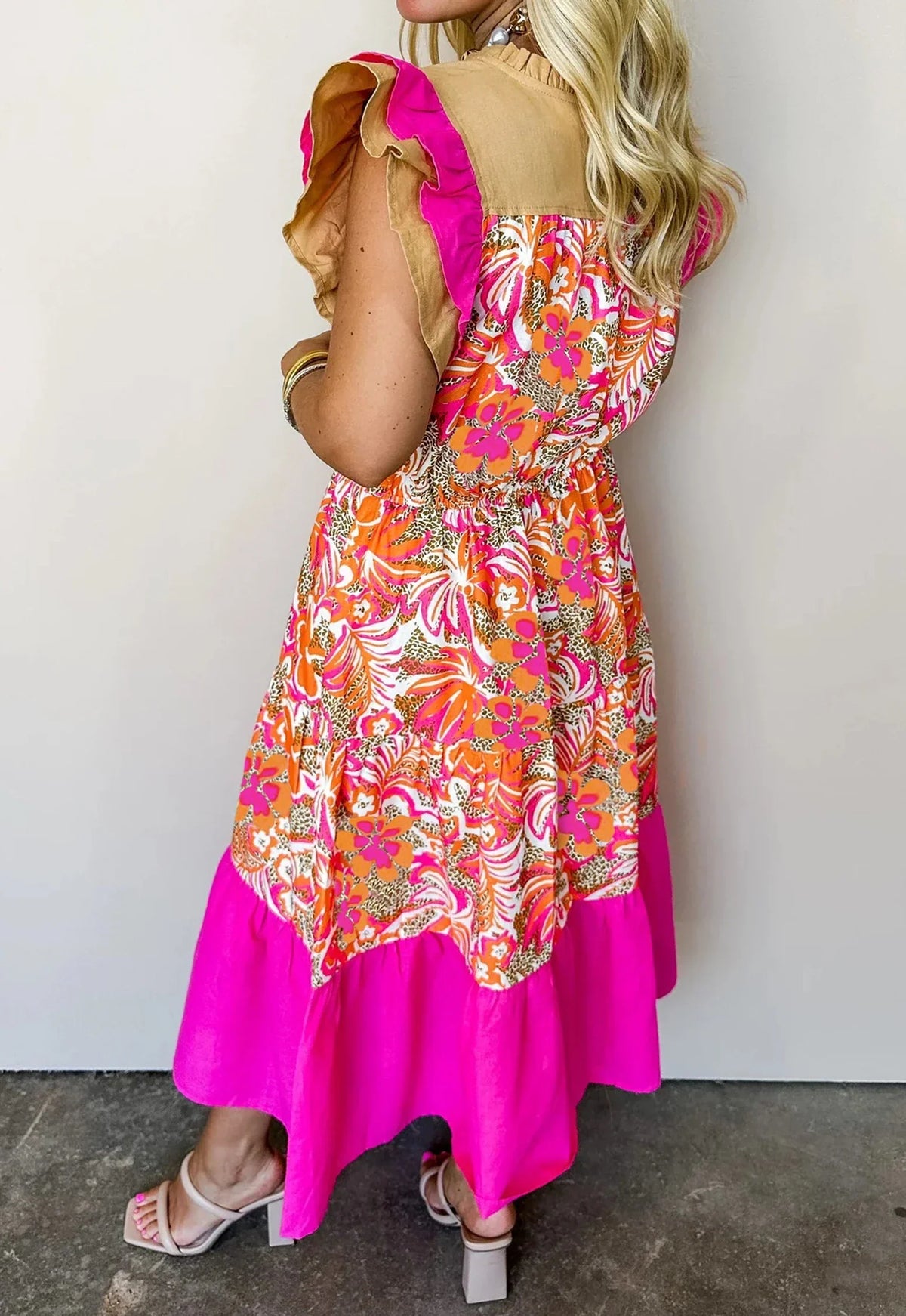 Carol-Pink Floral Print Color Block Ruffled Short Sleeve Flared Midi Dress