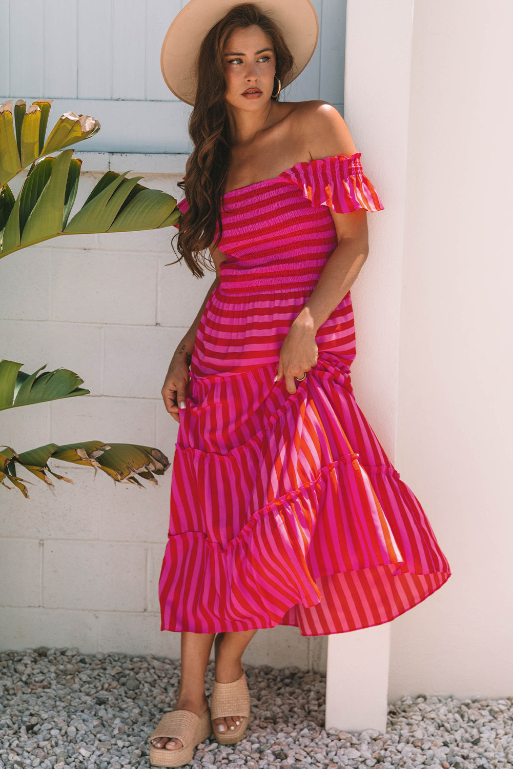 Threaded Pear Arisbeth Stripe Flutter Sleeve Maxi Dress