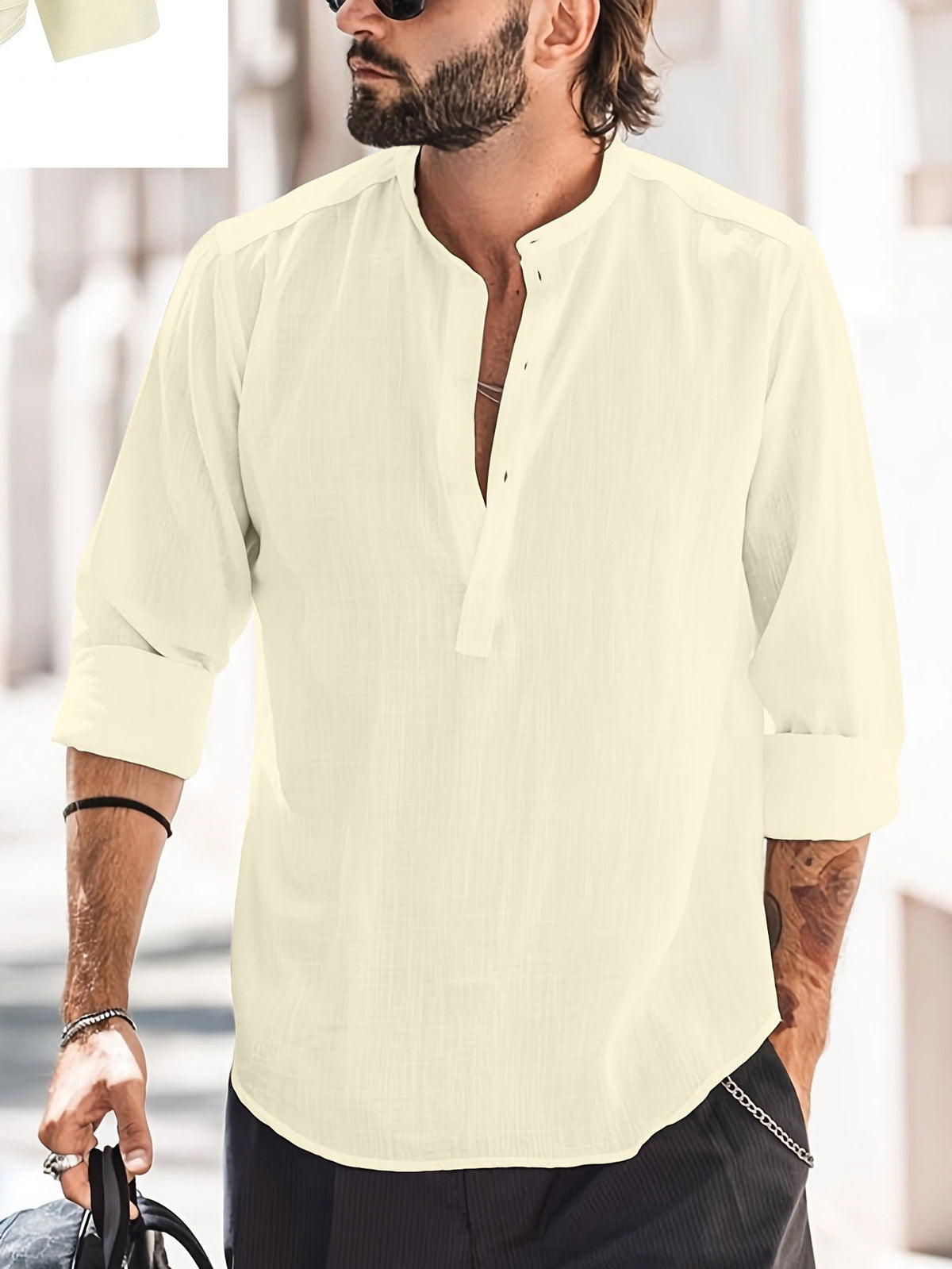 Men’s Casual Stand-Up Collar Long-Sleeved Shirt | High-Sense Solid Color Door-Barrel Blouse | Trendy Minimalist Mandarin Collar Top | Luxury-Label Statuesque Radiant Executive Wear | 2026 High-Fashion Emerald-Luxe Essential