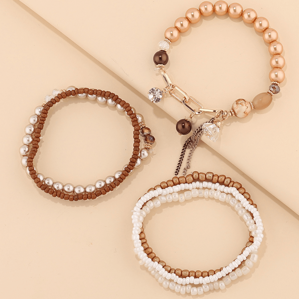 Bronze Metallic White Beaded Bracelet Set