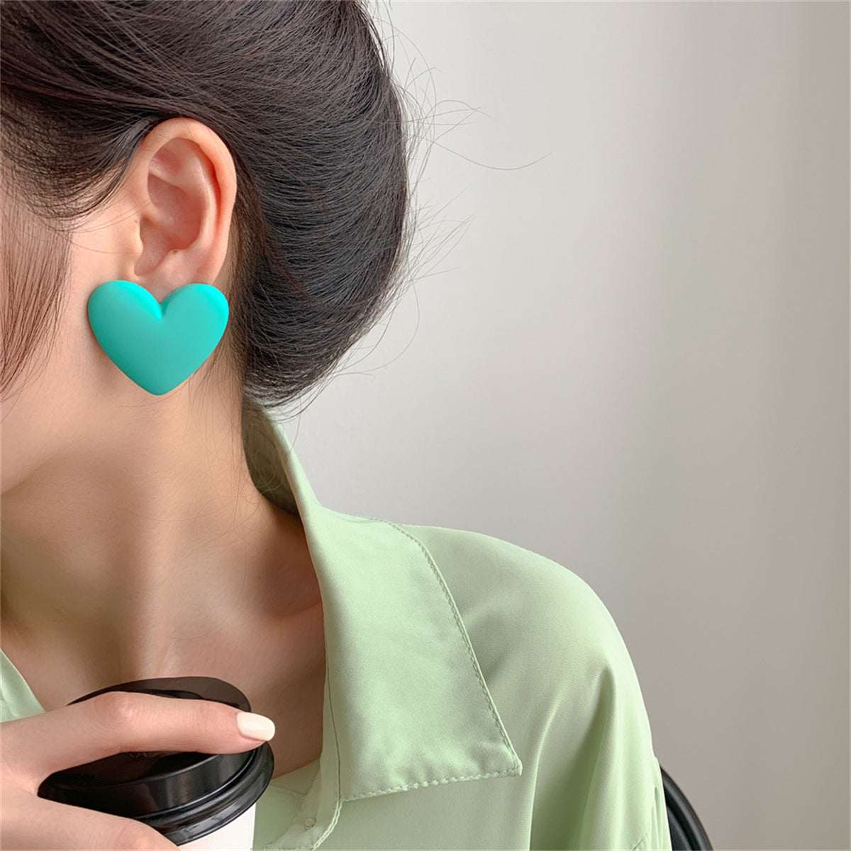 Cyan Acrylic & Silvertone Heart Stud Earrings