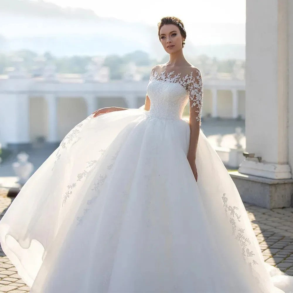 Women’s Bridal Mesh Long Sleeve Embroidered Wedding Dress | High-Sense Ivory Lace Evening Gown | Trendy Minimalist Illusion Silhouette Dress | Luxury-Label Statuesque Bridal Wear | 2026 High-Fashion Radiant Ceremony Essential