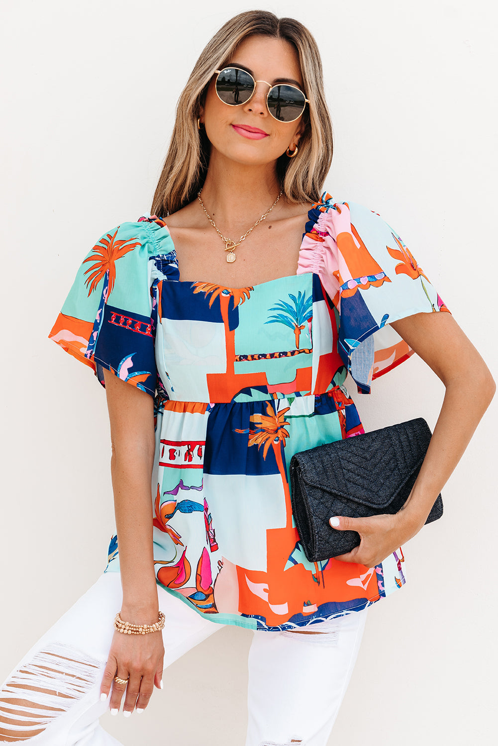 Threaded Pear Payton Tropical Flutter Sleeve Babydoll Blouse