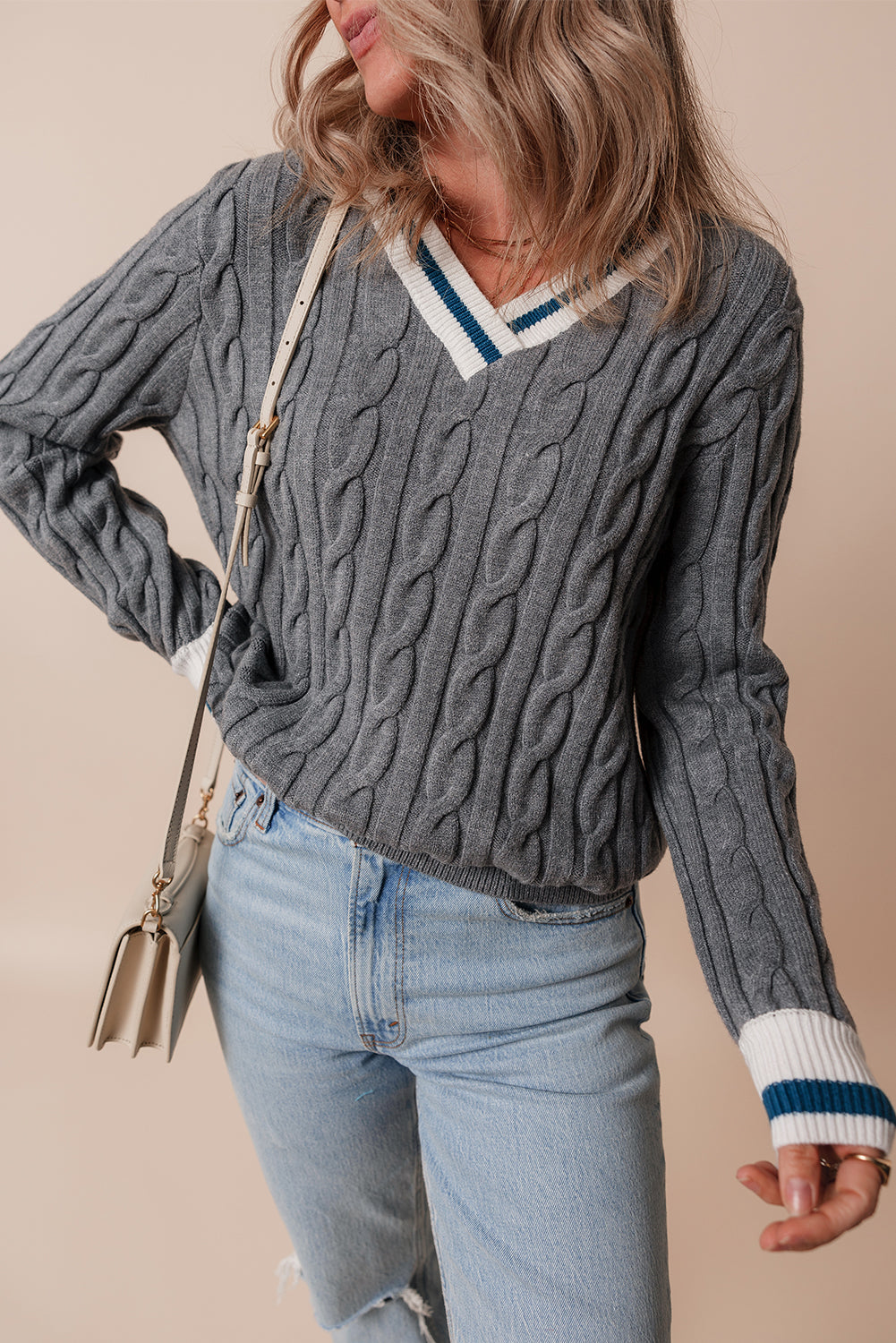 Threaded Pear Kayle Ribbed Edge Cable Knit V Neck Sweater
