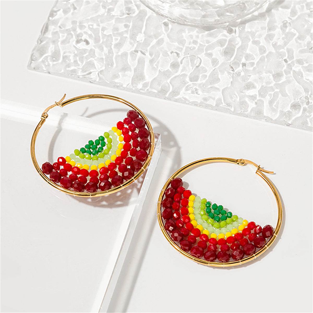 Red & Goldtone Melon Bead-Detail Hoop Earrings