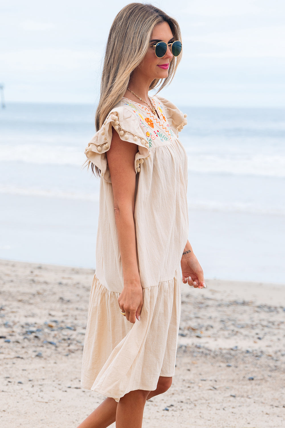 Threaded Pear Meredith Embroidery Split Neck Short Dress