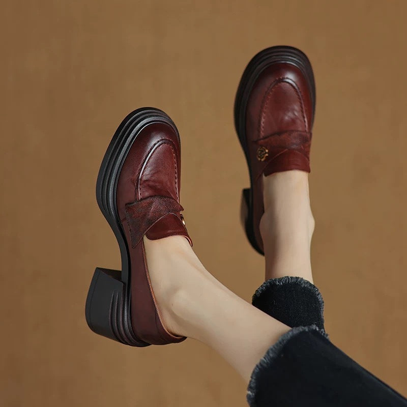 Women’s Vintage Chunky Heeled Leather Shoes | Luxury Square-Toe Block Heel Pumps | Elegant Professional Work Shoes for Women | Trendy Retro High-Heel Loafers | 2026 High-Fashion Durable Leather Footwear