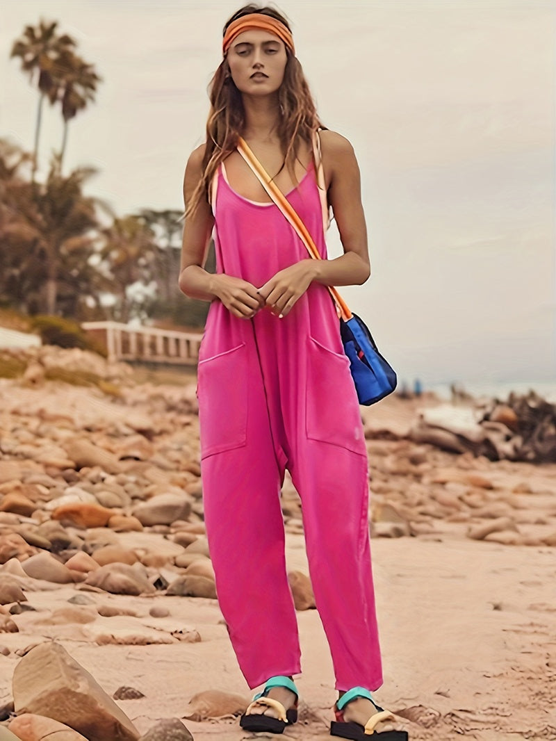 Summer Loose Sleeveless Jumpsuit | High-Sense Spaghetti Strap Long Pant Romper | Trendy Minimalist Wide-Leg Jumpsuit with Pockets & Zipper | Luxury-Label Statuesque Radiant Apparel | 2026 High-Fashion Emerald-Luxe Essential