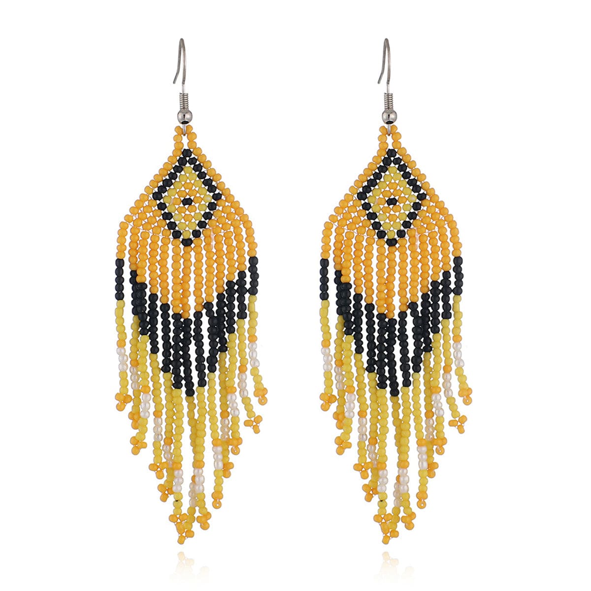 Yellow & Black Howlite Rhombus Tassel Drop Earrings