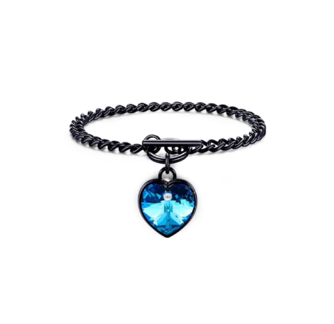 Blue Swarovski Crystal Bracelet – Gunmetal Toggle Bracelet Made With Bermuda Blue Quality Austrian Crystal Heart Charm