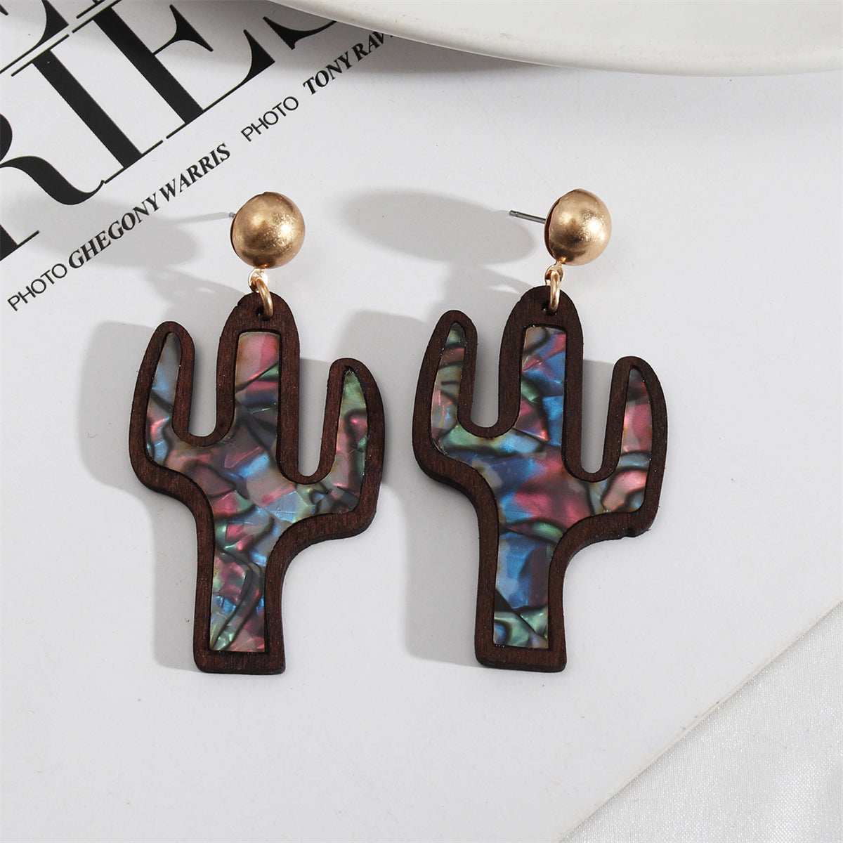 Blue Shell & Brown Wood Cactus Drop Earrings