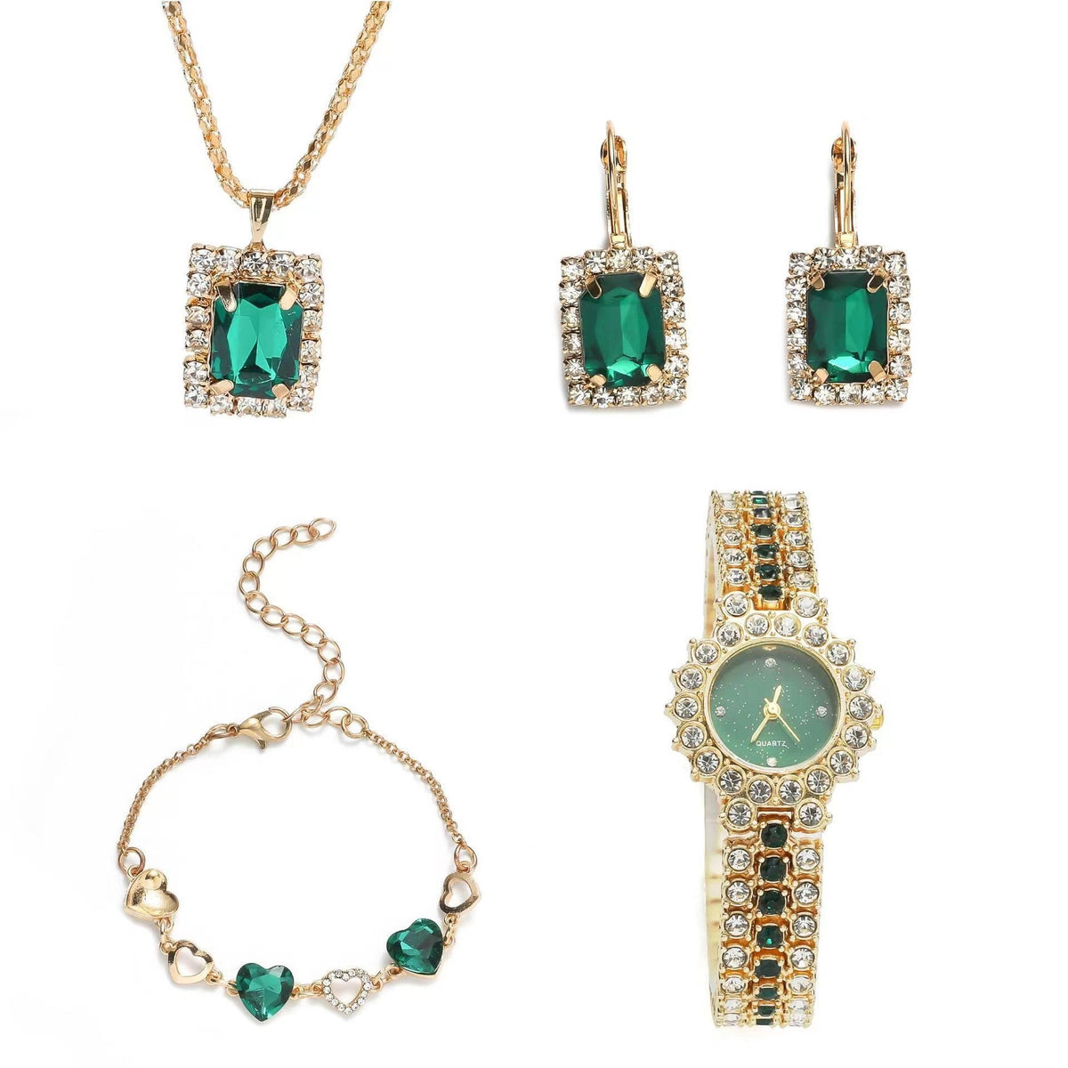 Women’s Small Green Watch & 5-Piece Gift Set | High-Sense Emerald Quartz Watch | Trendy Minimalist Steel Belt Watch & Ring Set | Luxury-Label Boxed Jewelry Ensemble | 2026 High-Fashion Radiant Gift For Her