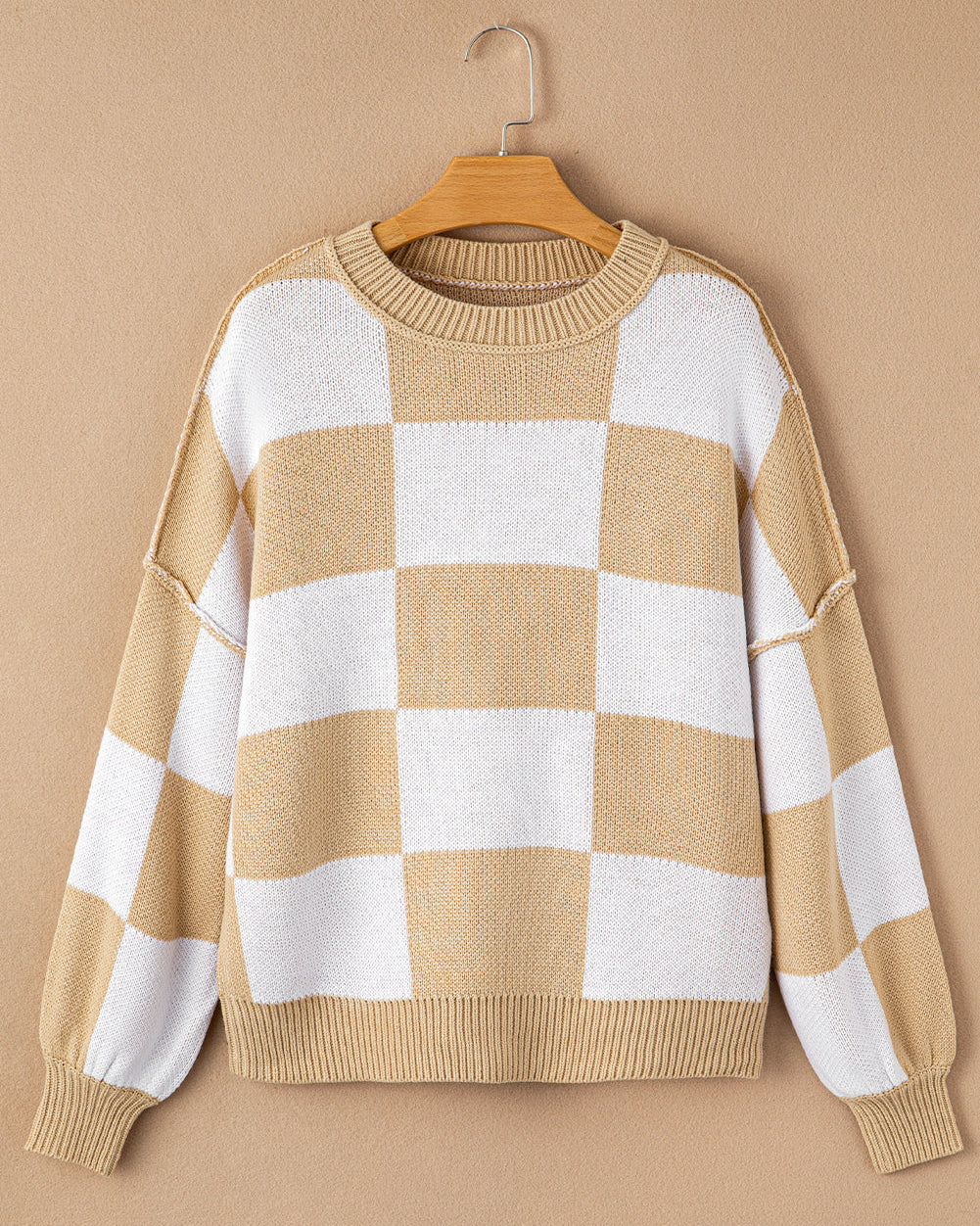 Checkered Crew Neck Sweater - Khaki