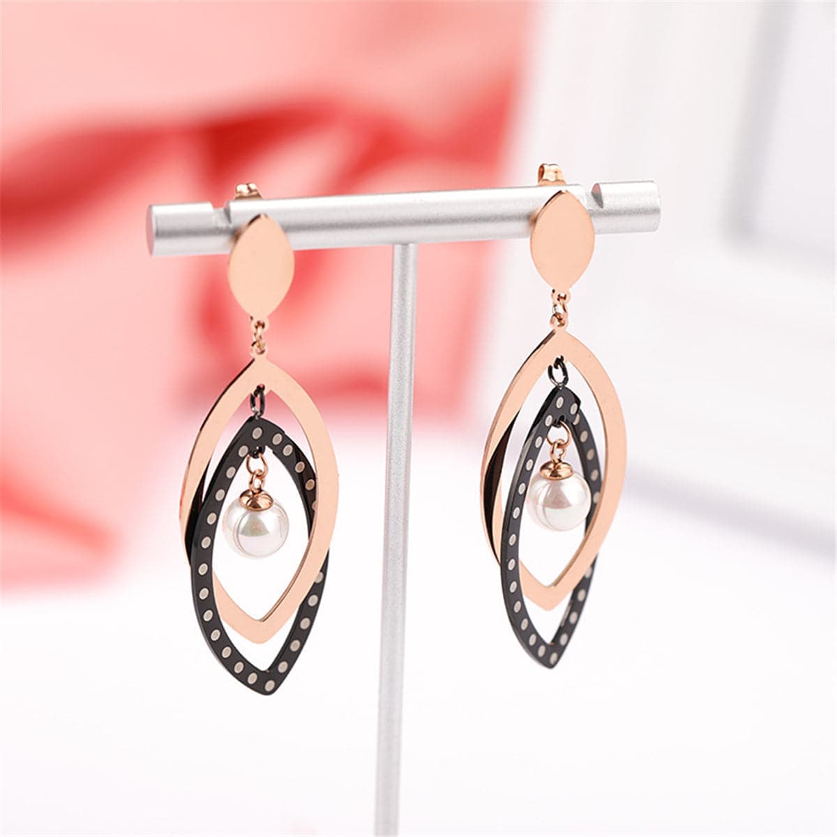 Black Acrylic & Pearl Rose Goldtone Open Leaves Drop Earrings