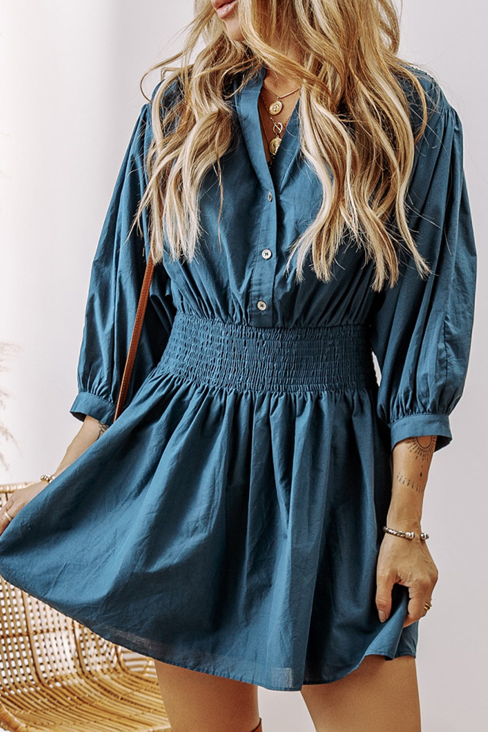 Threaded Pear Vera 3/4 Sleeve Shirred High Waist Buttoned Dress