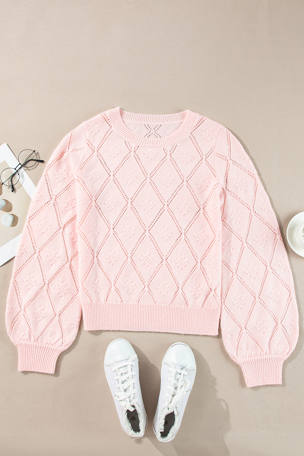Threaded Pear Molly Openwork Plaid Puff Sleeve Cropped Sweater