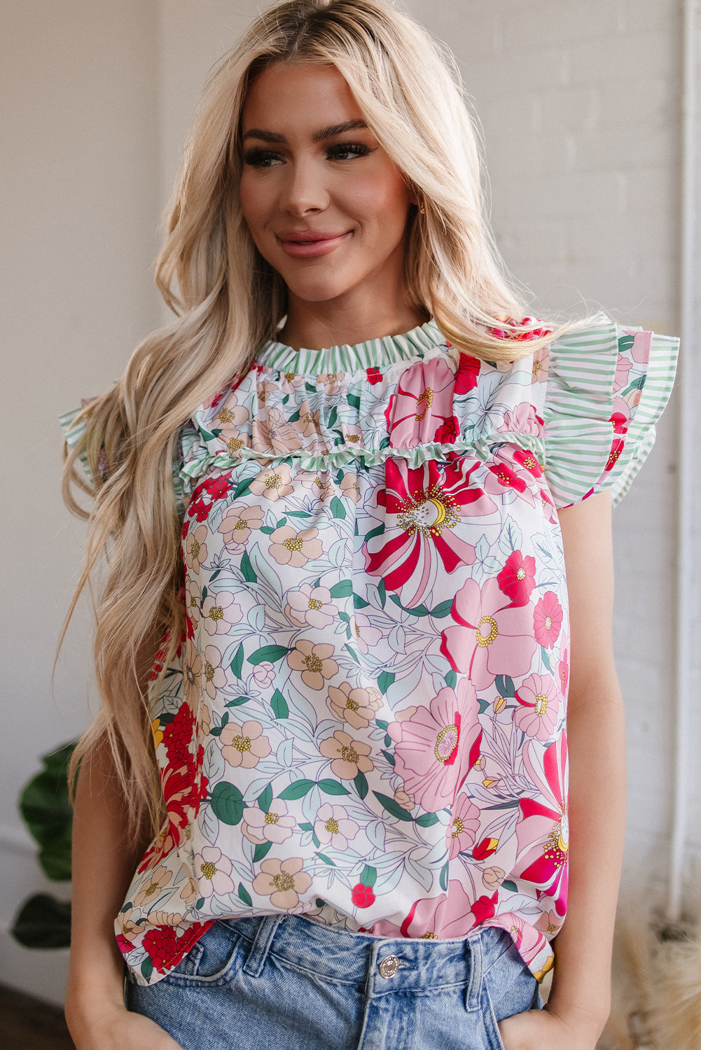Threaded Pear Anne Floral Ruffle Trim Short Sleeve Blouse