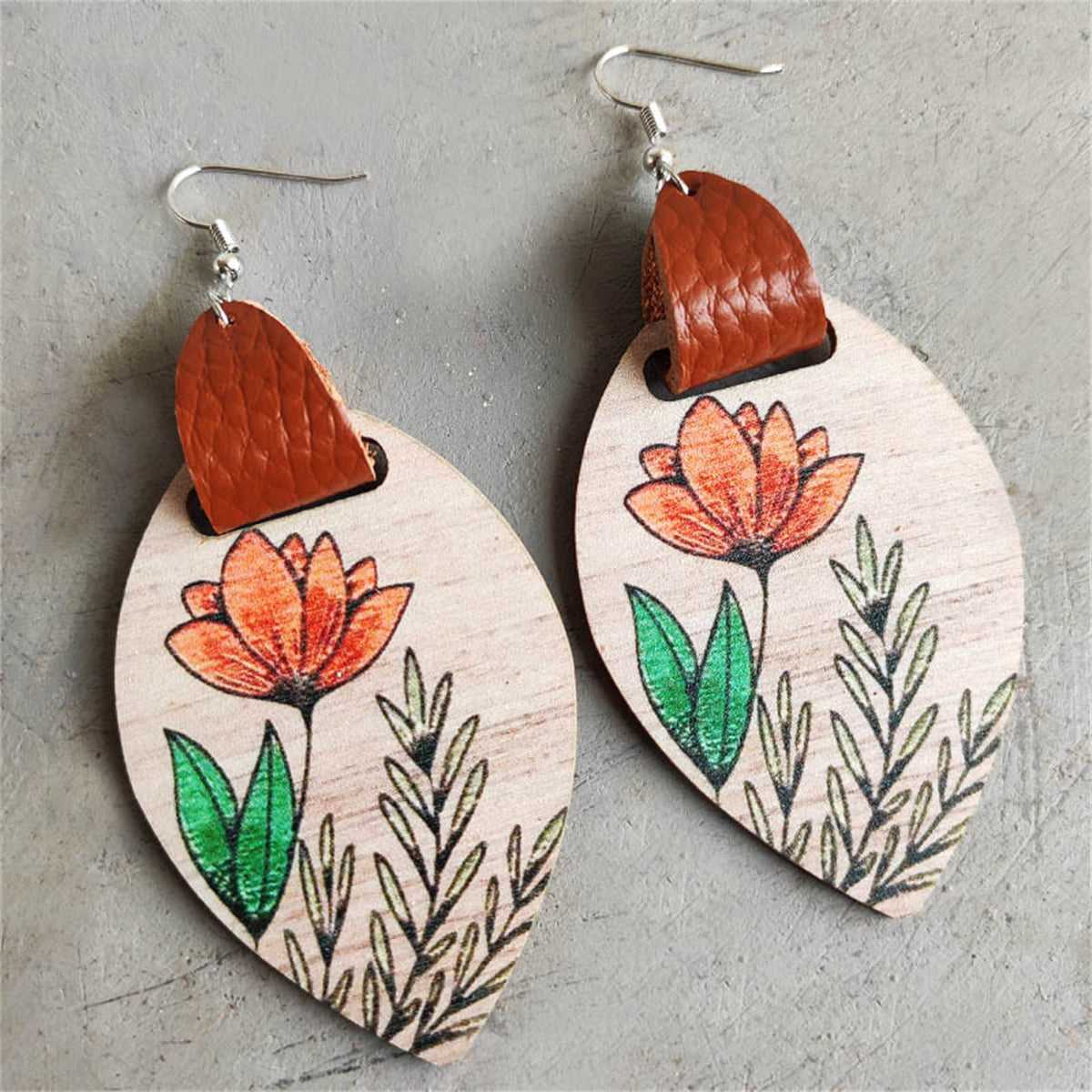 Brown Wood & Silvertone Tulip Drop Earrings