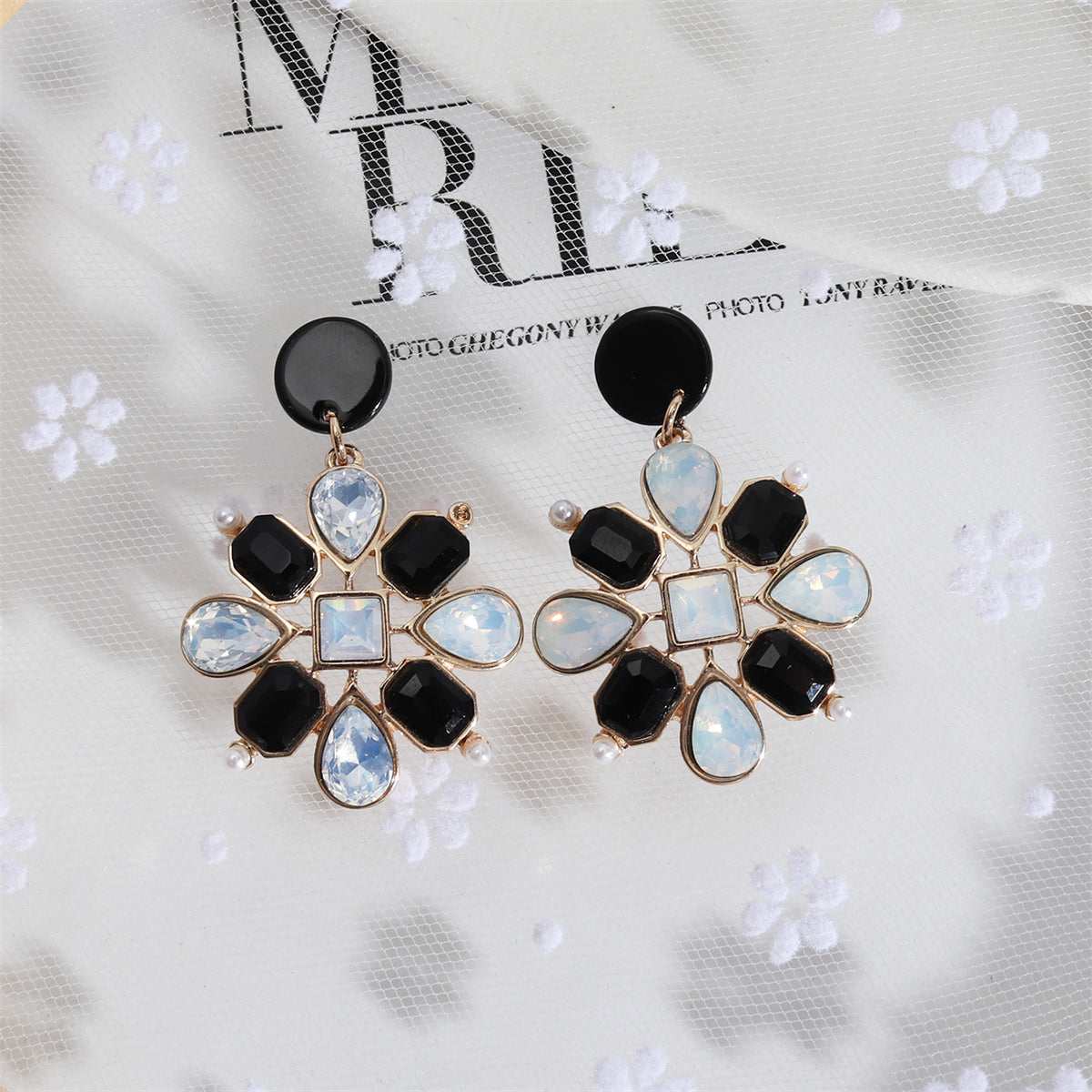 Black Acrylic & Crystal Pearl Goldtone Botanical Drop Earrings