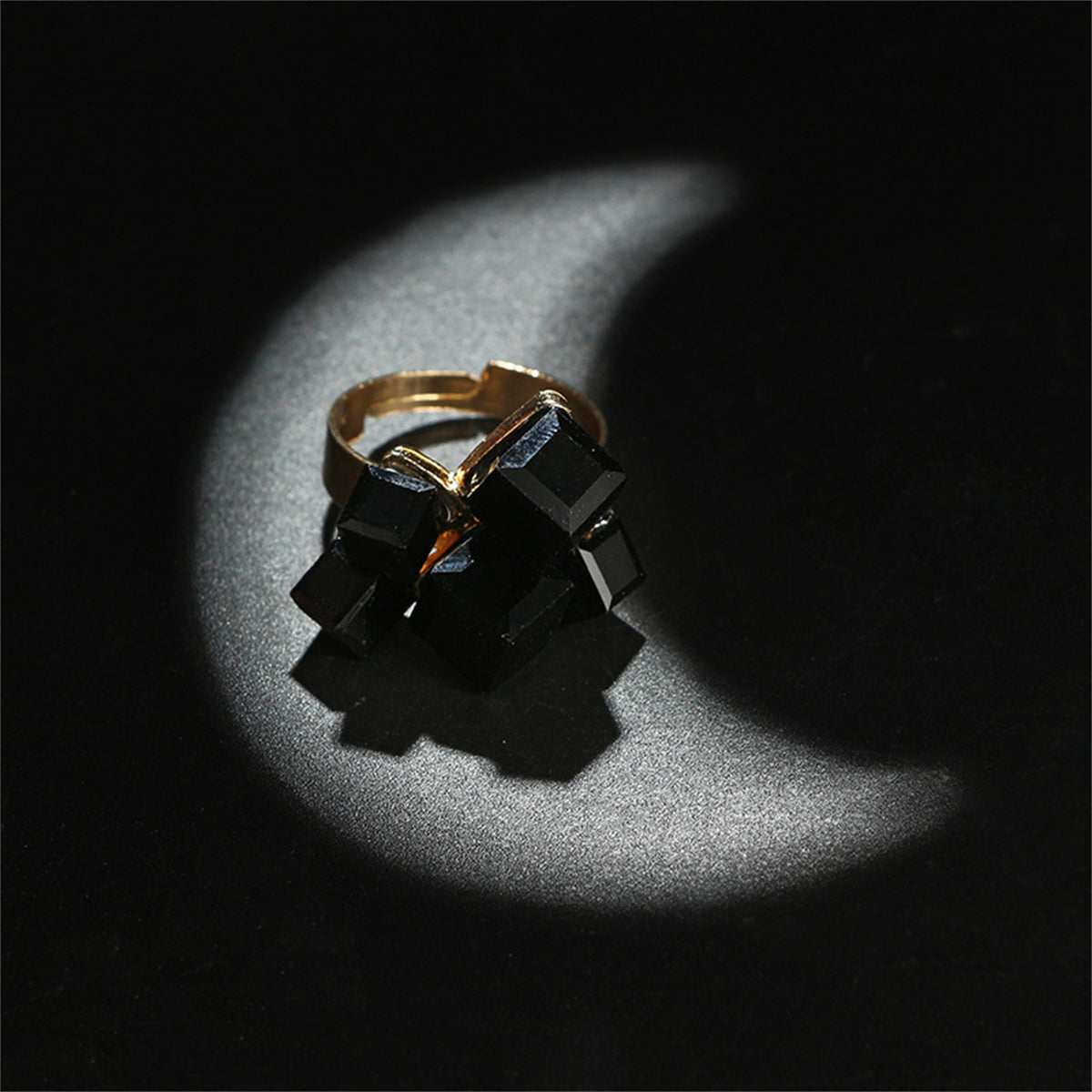 Black Crystal & Goldtone Cube Cluster Adjustable Ring