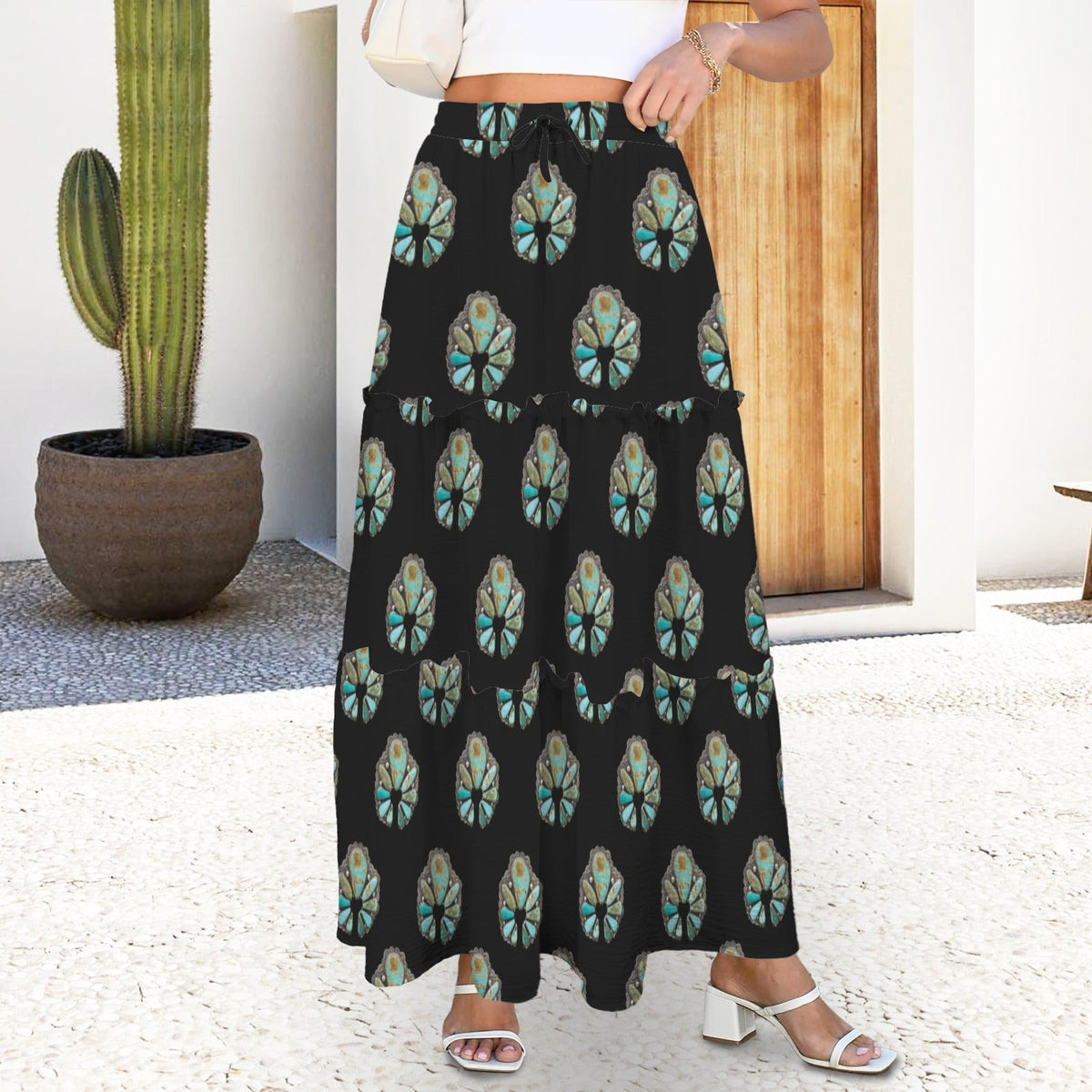 Baha Ranch Turquoise Naja Southwestern Tiered Prairie Maxi Skirt