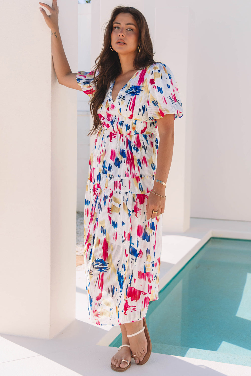 Threaded Pear Nyomi Short Puff Sleeve Tiered Maxi Dress