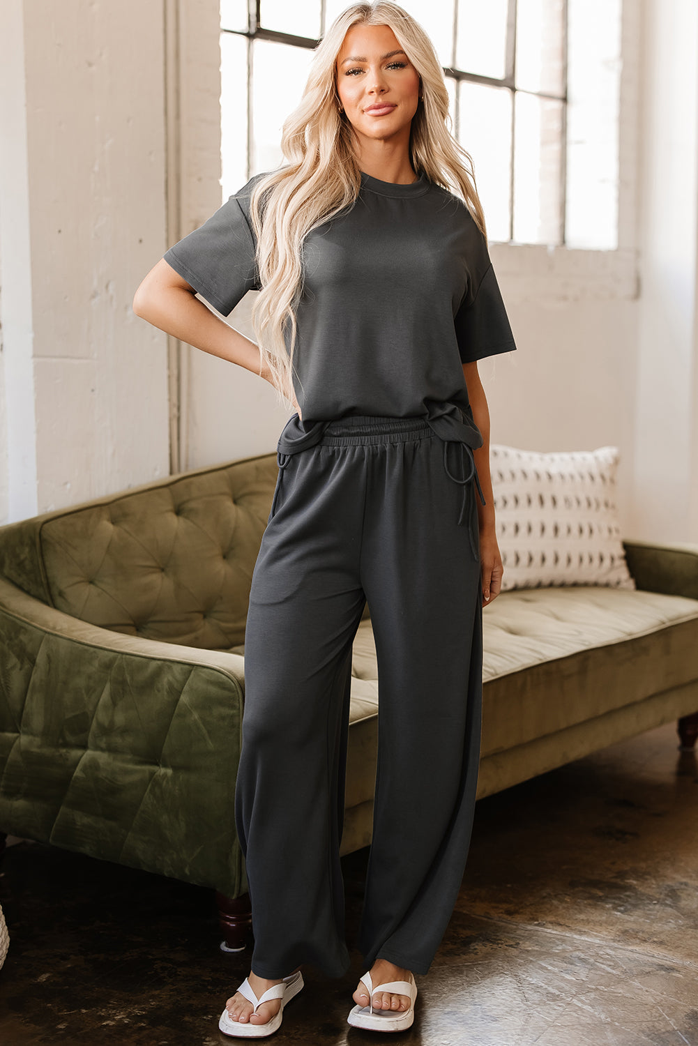 Threaded Pear Dallas Drawstring Side Crewneck Tee and Loose Pants Set