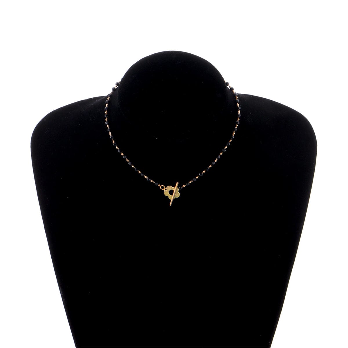 Black Acrylic & Goldtone Floral Choker Necklace