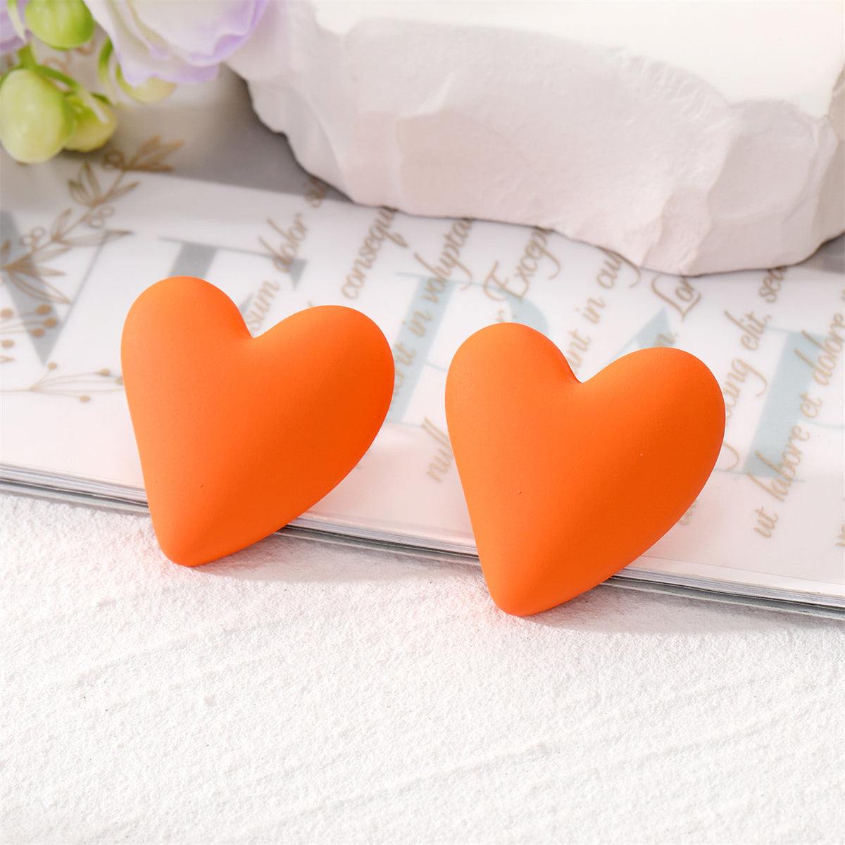 Orange Acrylic & Silvertone Heart Stud Earrings