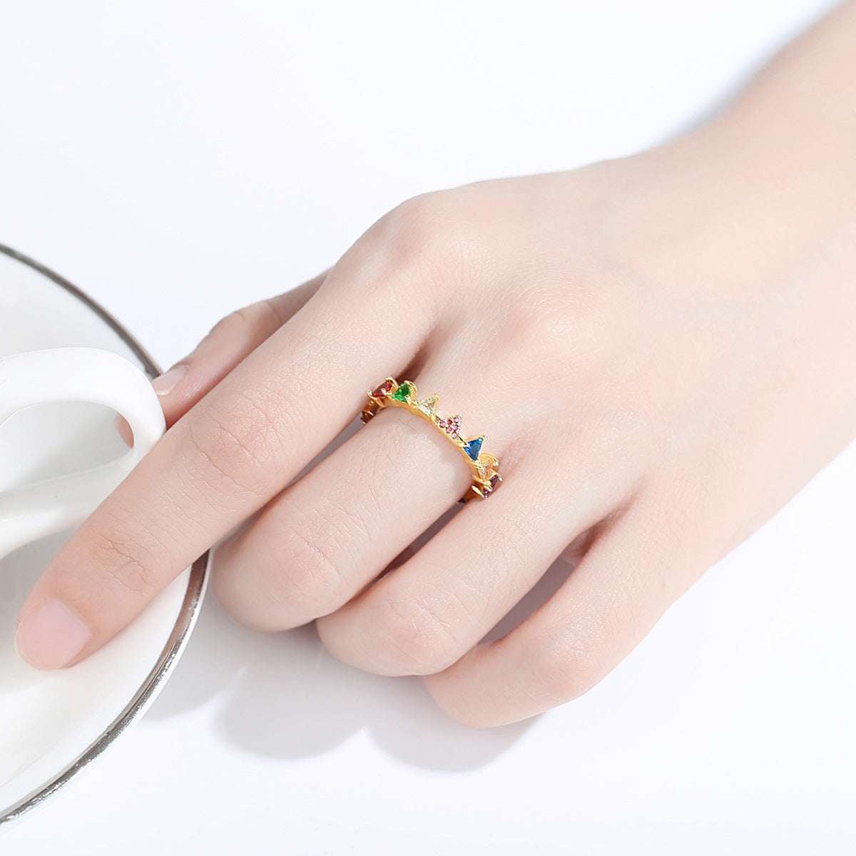 Crystal & Goldtone Multicolor Triangle Band Ring
