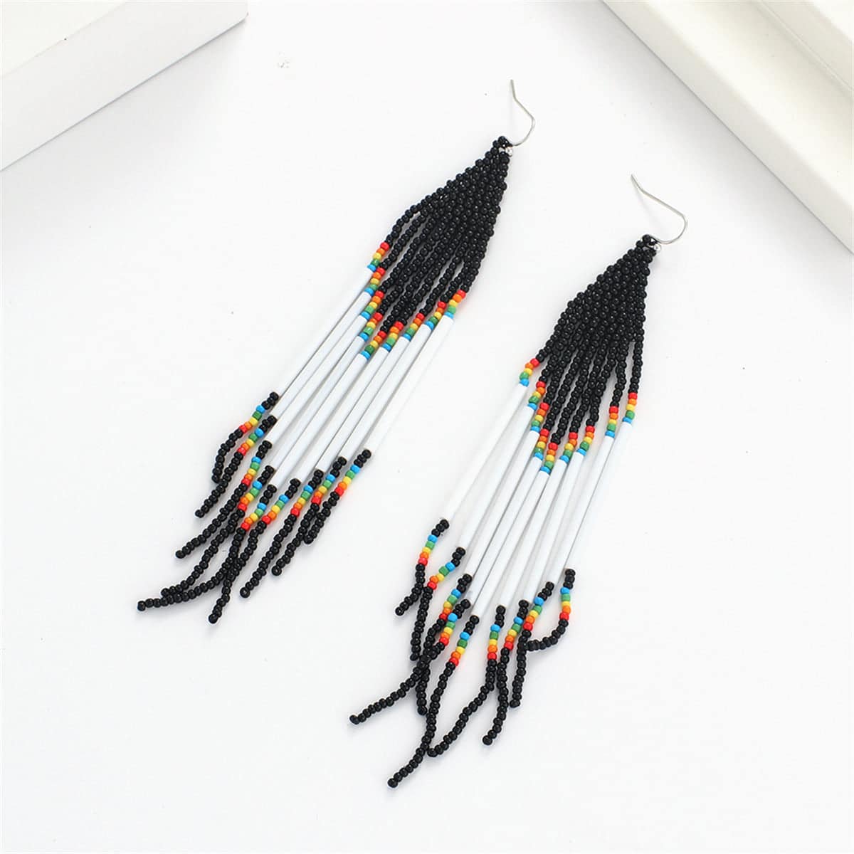 Black & White Tassel Beaded Drop Earrings