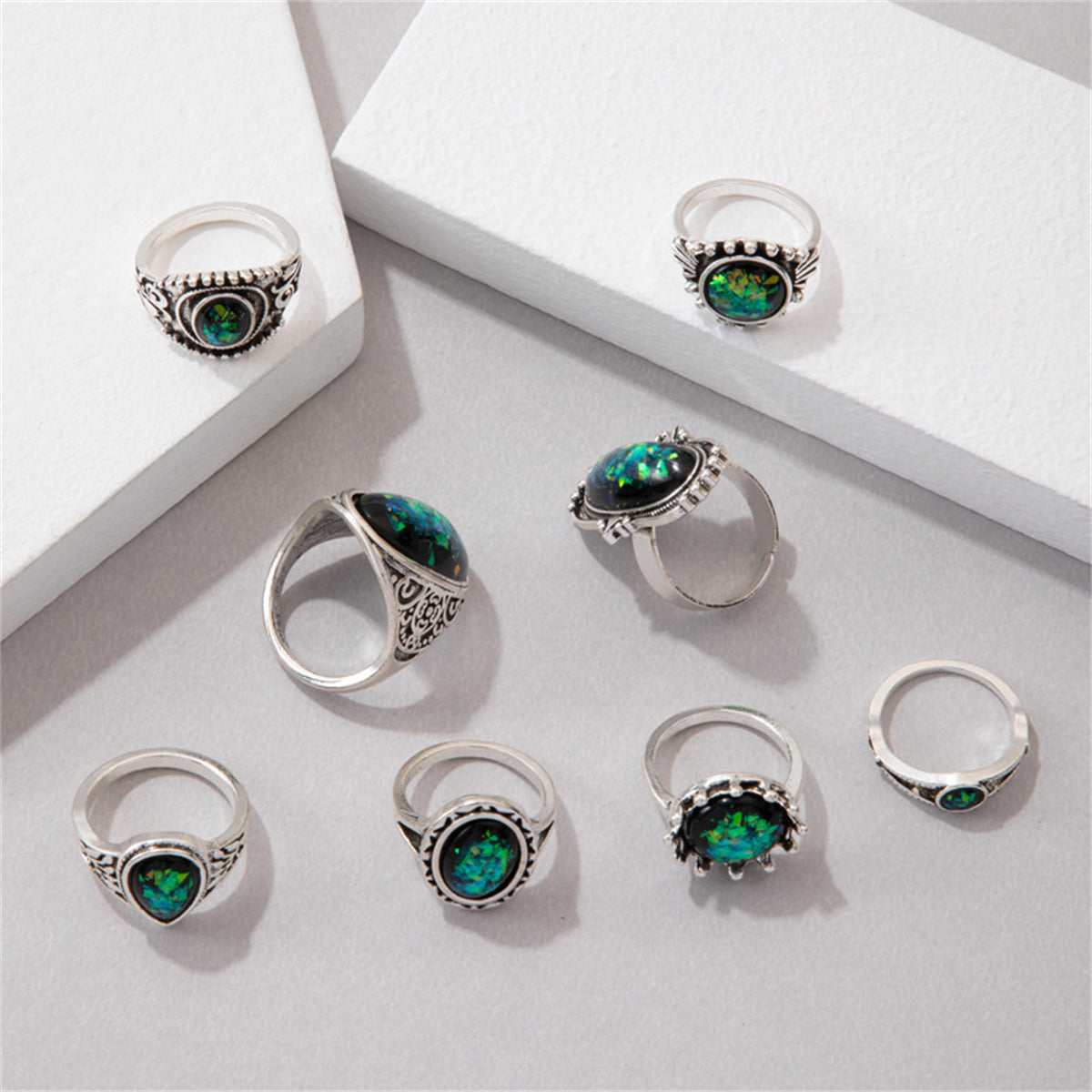 Black & Silvertone Long Oval Ring Set