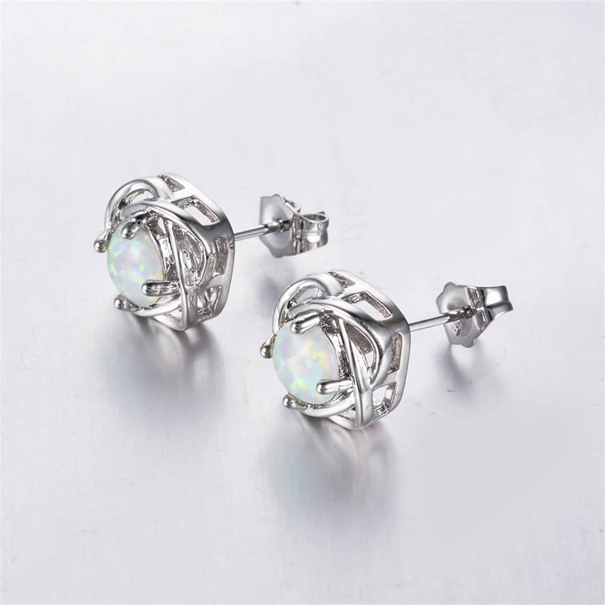White Opal & Silvertone Round Wrapped Stud Earrings