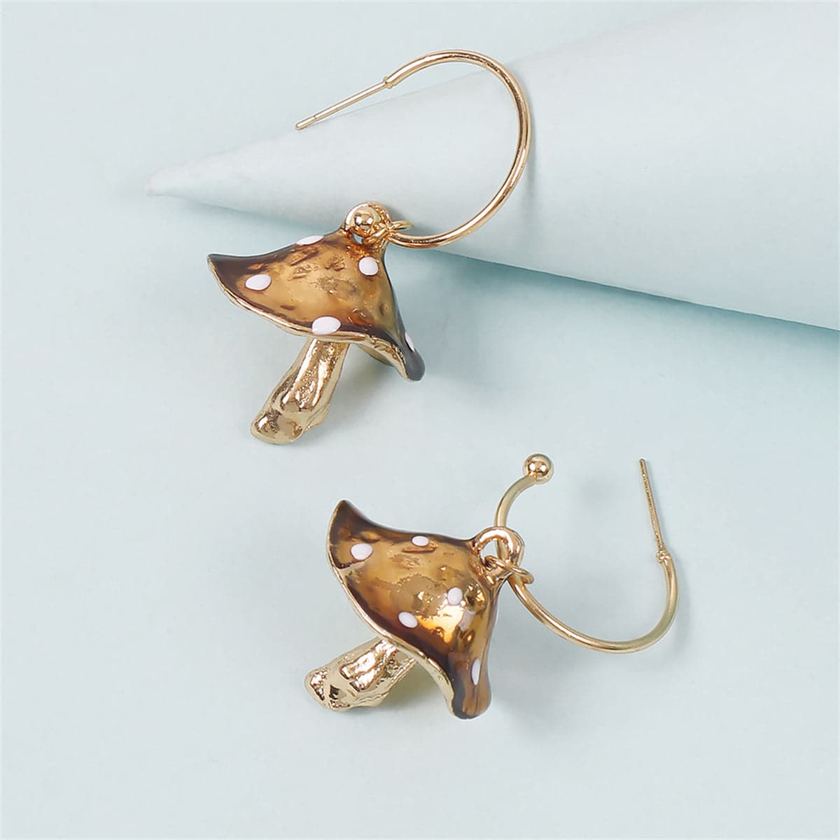 Caramel Enamel & Goldtone Mushroom Drop Hoop Earrings