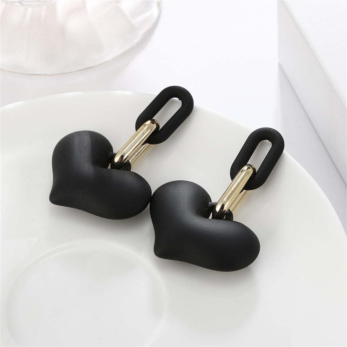 Black Acrylic & Goldtone Heart Chain Link Drop Earrings